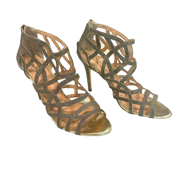 Nina Shoes - NINA Gold Sparkle Strappy Cage Zip Open-Toe Cocktail Wedding Heels